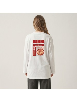 Nubarco Beyaz Oversize Geniş Kesim Uzun Kollu %100 Pamuk Yazlık Korean Food Baskılı Tshirt