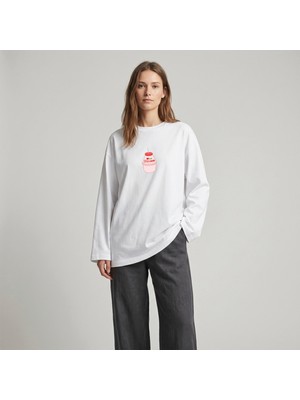 Nubarco Beyaz Oversize Geniş Kesim Uzun Kollu %100 Pamuk Yazlık Korean Food Baskılı Tshirt