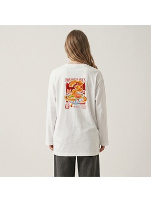 Nubarco Beyaz Oversize Geniş Kesim Uzun Kollu %100 Pamuk Yazlık Korean Food Baskılı Tshirt