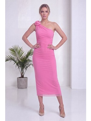 thezkscom Kadın Tek Omuz Çiçek Detaylı Şık Kalem Midi Elbise Pembe, Fuşya, Beyaz, Siyah