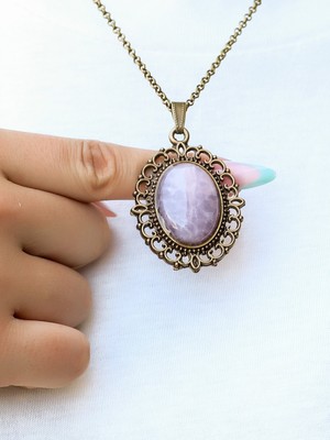 Esha Store Doğal Taş Pembe Kuvars Doğal Taşlı Otantik Kadın Kolye 45 cm Zincirli EUK13PK
