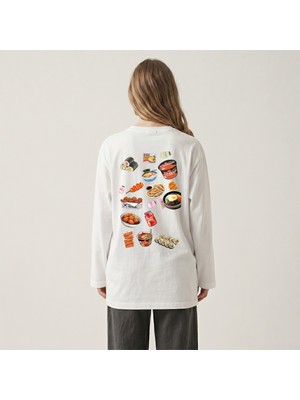 Nubarco Beyaz Oversize Geniş Kesim Uzun Kollu %100 Pamuk Yazlık Korean Food Baskılı Tshirt