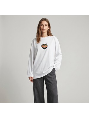 Nubarco Beyaz Oversize Geniş Kesim Uzun Kollu %100 Pamuk Yazlık Korean Food Baskılı Tshirt