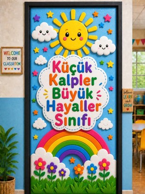 Promisebackdrop2 190X75CM Lastikli Kapı Süsü, Kumaş Kapı Giydirme, Küçük Kalpler Büyük Hayaller Sınıfı, Sınıf Kapısı, Okul Etkinlik Kapı Süsü