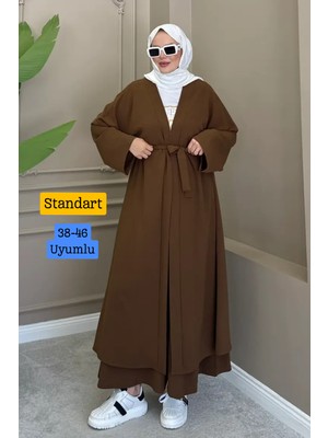 Balenbi Kadın Kuşaklı Kimono Hırka Bol Paça Pantolon Takım Tesettür 2\'li Kombin 1230
