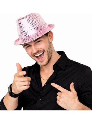 Renklime Pembe Payetli Disco Parti Şapkası Yetişkin Işıltılı Fötr Model