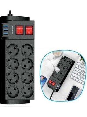 Renklime Isıya Dayanıklı Termal Akım Korumalı 2 Metre 16A 4000W 8li Priz ve 3 USB Li Uzatma Kablosu