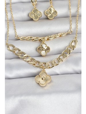 Renklime Gold Renk Pirinç Kolye Bileklik ve Küpe Seti