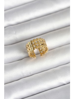 Renklime 316L Çelik Gold Renk Hasır Model Kadın Yüzük