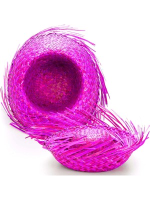 Renklime Tropikal Parti Pembe Fuşya Hasır Hawaii Şapkası 13X36 cm