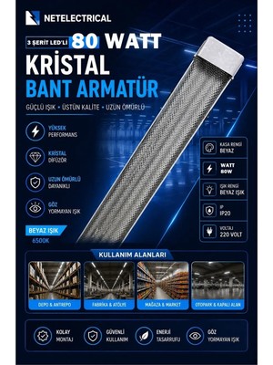 80 Watt 120 cm Kristal Yatay LED Bant Armatür - Trafolu Beyaz Işık