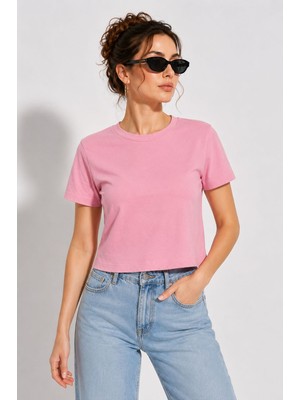 Parkur Modal Sıfır Yaka Kısa Kol Kemer Boy Tişört – Pembe