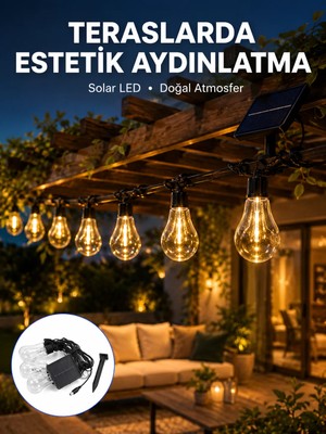 Etorva Store Güneş Enerjili LED Ampul Zincir Işık Sıcak Beyaz Dekoratif Bahçe Aydınlatması