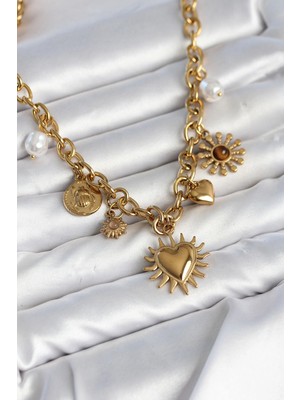 Renklime 316L Çelik Gold Renk Charmlı Model Kadın Kolye
