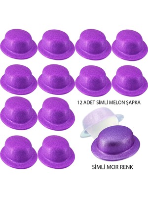 Renklime Mor Renk Simli Melon Yuvarlak Parti Şapkası 12 Adet