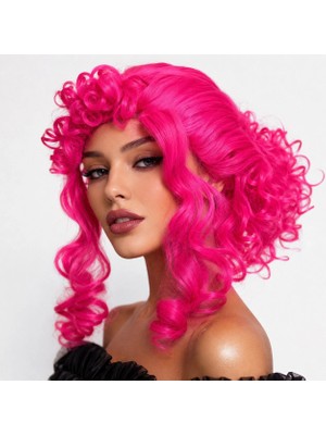 Renklime Neon Pembe Bukleli Kıvırcık Cosplay Peruğu - Içi Astarlı