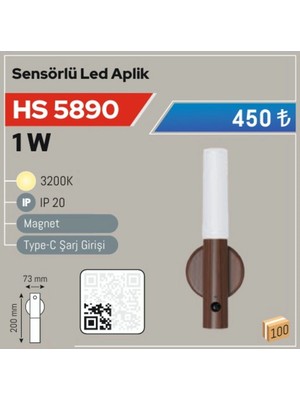 1W Magnetli Sensörlü LED Aplik HS-5890 Kablosuz Duvar Lambası Gün Işığı