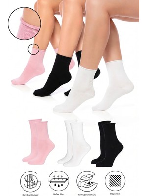 Saysez Bambu Kadın Lastiksiz Siyah-Beyaz-Pembe Soket Dikişsiz Premium Çorap 3'lü Paket / Iz Bırakmaz