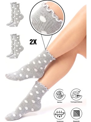 Saysez Bambu Kadın Fırfırlı Puantiye Desenli Soket Dikişsiz Premium Çorap 2'li Paket Gri-Beyaz