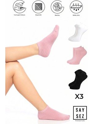 Saysez Bambu Kadın Patik Düz Siyah-Beyaz-Pembe Çorap Dikişsiz Premium 3'lü Paket