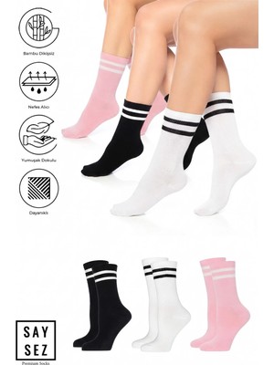 Saysez Bambu Unisex Tenis Kolej Çizgili Siyah-Beyaz-Pembe Premium Dikişsiz Soket Çorap 3'lü Paket
