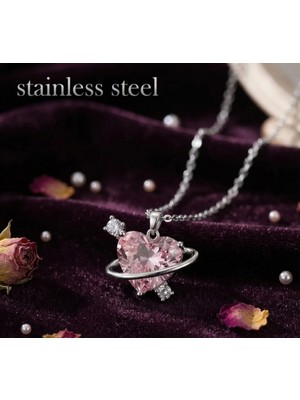 Stainless Steel 316L Çelik Zincir Gümüş Renk Pembe Kalp Rıhtım Model Kolye