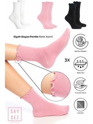 Saysez Bambu Kadın Lastiksiz Siyah-Beyaz-Pembe Fırfırlı Soket Dikişsiz Çorap 3'lü Paket / Iz Bırakmaz / Sıkmayan Çorap