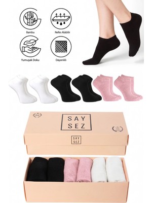 Saysez Bambu Kadın Patik Düz Siyah-Beyaz-Pembe Renk Çorap Dikişsiz Premium Kutulu 6'lı Paket