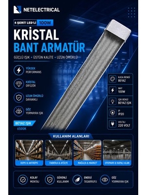 Netelectrical 100 Watt 120 cm Kristal Yatay LED Bant Armatür - Trafolu Beyaz Işık