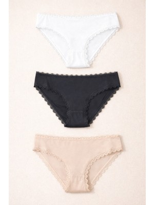 Katia & Bony Kadın 3'lü Dantelli Basic Slip Külot Siyah/Beyaz/Nude