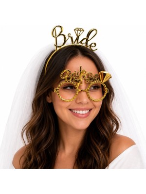 Datatek Bride Yazılı Gold Taç ve Parti Gözlüğü Seti