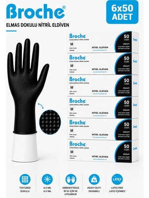Broche ELMAS DOKULU EKSTRA KALIN SİYAH NİTRİL ELDİVEN M BEDEN 6'LI PAKET