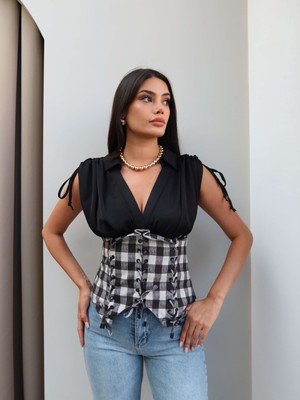 Esra Helvacı Ekoseli Korse Detay Bluz