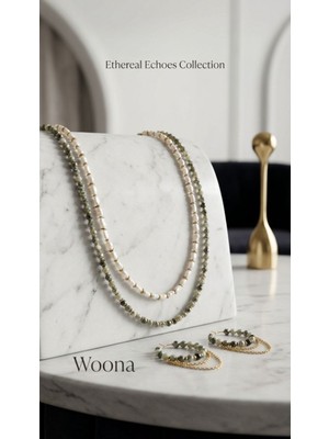 Woona Içsel Huzur & Bilgeliğin Koleksiyonu & The Serenity Collection - Prehnit Taşı & Doğal Inci & Hematit El Yapımı Ayarlanabilir Özel Tasarım Premium Kolye Küpe Set