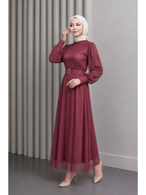Missvalle Kemeri Taşlı Tül Abiye Gül Kurusu 12242