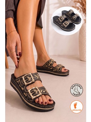 Albishoes Kadın Çiçek Işlemeli Nakışlı Şık Tokalı Kadın Terlik Anatomik Yumuşak Rahat Taban Terlik