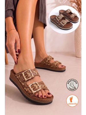 Albishoes Kadın Çiçek Işlemeli Nakışlı Şık Tokalı Kadın Terlik Anatomik Yumuşak Rahat Taban Terlik