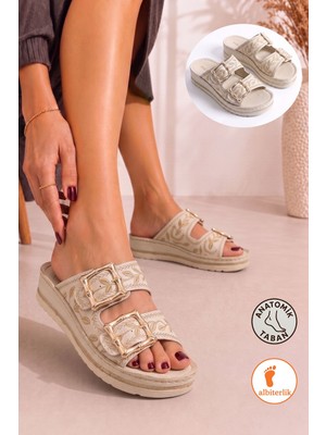 Albishoes Kadın Çiçek Işlemeli Nakışlı Şık Tokalı Kadın Terlik Anatomik Yumuşak Rahat Taban Terlik