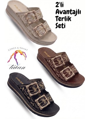 Albishoes Kadın 3'lü Paket Işlemeli Nakışlı Şık Tokalı Kadın Terlik Yumuşak Rahat Taban Terlik