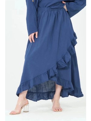 Butik Pamuk Fırfırlı Etek-Mavi