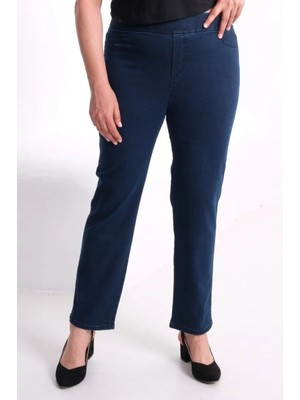 Gül Moda Beli Lastikli Boru Paça Kadın Kot Pantolon Likralı Pamuklu Lacivert G131-1