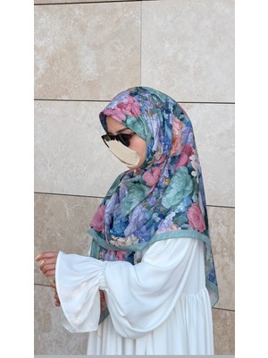 Qalortex Scarf Pamuklu Gonca Desen Eşarp - Su Yeşil
