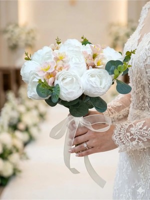 Bioren Nisa Soft Blush Şakayık Gelin Buketi – Pudra Beyaz Yapay Gelin Çiçeği