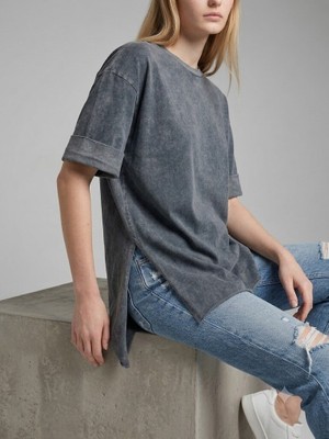 Moviment Antrasit Asit Yıkama Duble Kol Geniş Kesim Asimetrik Yırtmaçlı Örme T-Shirt