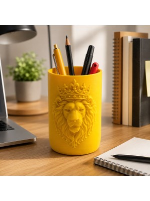 Basart Aslan Figürlü 3D Baskı Kalemlik Dekoratif Masaüstü Kalem Tutucu Ofis ve Çalışma Masası Organizeri Pla Malzeme 10X6 cm