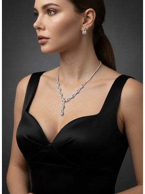 Valmont Accessories Tennis Çiçek Mordel Zirkon Taşlı Gümüş Kolye ve Küpe Seti - Düğün, Kına, Nişan Gelin Takı Seti