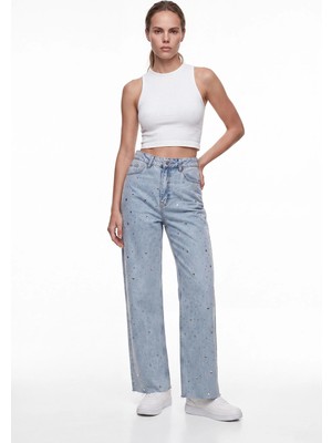Cemo Kadın Taş Işlemeli Wide Leg Jean Pantolon