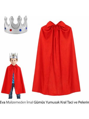 Renklime Eva Malzemeden Gümüş Yumuşak Kral Tacı ve Kırmızı Pelerin Seti
