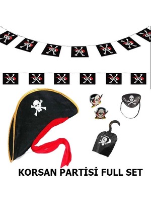 Renklime Çocuk Korsan Şapkası + Kancası + Göz Bandı + 2 Adet Yüzük + Afiş Seti