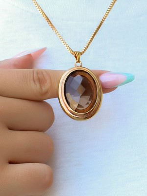 Esha Store Doğal Taş Dumanlı Kuvars Doğaş Taşlı Kadın Oval Kolye EUK53DMK